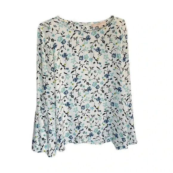 LOFT Ann Taylor White Blue Floral Long Bell Sleeve Keyhole Blouse Women’s Small - Picture 3 of 9